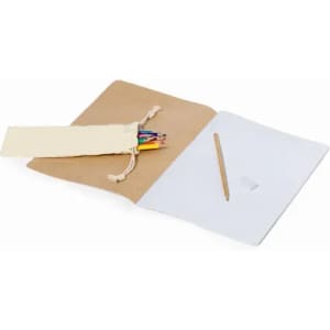 A notebook with a kraft cover, featuring a pouch of coloured pencils and a wooden pencil inside.