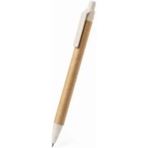 A pen with a gold barrel and a white clip, featuring a retractable tip and black ink.