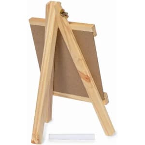 A wooden display easel with a natural finish, featuring a simple A-frame design and a blank canvas backing.