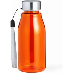 A drink bottle in bright orange with a silver cap and a grey strap. It features a simple design with a logo.