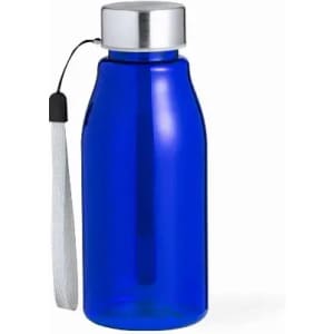 A drink bottle in vibrant blue with a silver lid and a grey strap attached. Features a simple cylindrical design.