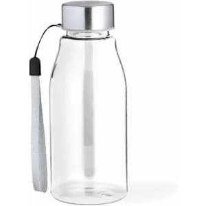 A drink bottle with a transparent body, silver cap, and a grey strap. It features a sleek, minimalist design.