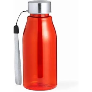 A drink bottle in bright red with a silver screw top and a grey strap attached. Features a logo on the body.