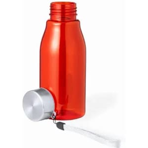 A drink bottle in bright red with a silver cap and a grey strap. It has a logo on its surface.