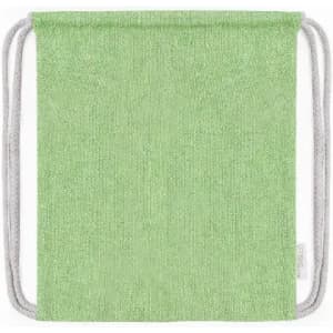 A drawstring bag in a light green colour with grey cord straps. Features a simple design without visible branding.