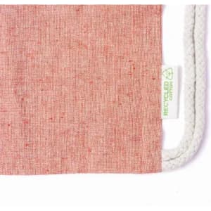 A red and beige fabric bag with a white drawstring and a tag indicating it is made from recycled cotton.