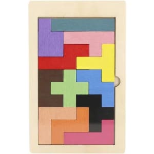 A wooden puzzle with multiple colourful geometric pieces arranged in various shapes within a rectangular frame.