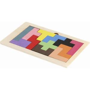 A wooden puzzle with variously coloured geometric pieces arranged on a flat base. The design features a mix of shapes.