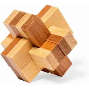A wooden puzzle featuring interlocking blocks in various shades of brown and tan, showcasing a geometric design.