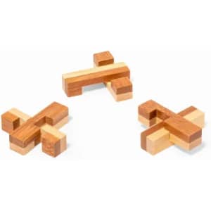 A set of three wooden puzzle pieces in varying shapes, showcasing natural wood grains and finishes.
