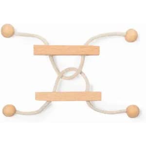 A wooden toy with two wooden beads and intertwined ropes forming a simplistic shape, showcasing a natural finish.