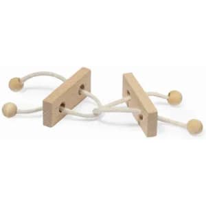 Two wooden connectors with rope and wooden beads, arranged in a playful manner.