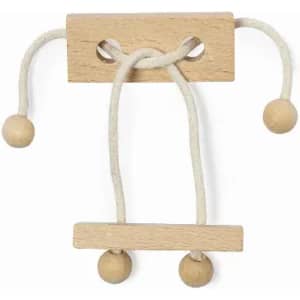 A wooden toy with two ropes and rounded wooden beads, featuring a flat block with holes at the top.