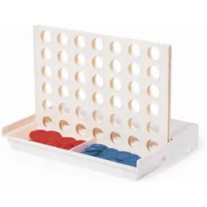 A Connect Four game with a white frame, featuring red and blue discs in separate trays.