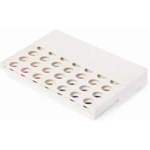 A white product holder with multiple circular compartments for organisation and storage. Features a simple design.