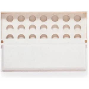 A white product packaging box with multiple circular compartments for holding items, featuring a lid that opens.