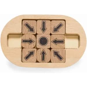 A wooden puzzle featuring nine blocks with directional arrows and a central circle, set in an oval base.