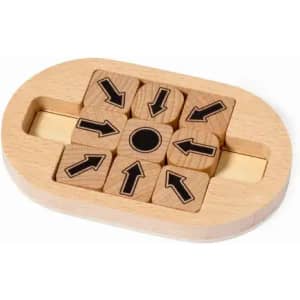 A wooden puzzle featuring movable blocks with black arrow designs, set in an oval wooden base.
