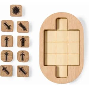 A wooden puzzle set with directional tiles in a light colour and an oval base for placement.