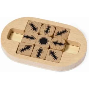 A wooden puzzle with nine blocks featuring black arrows on a light wood base, designed for movement in various directions.