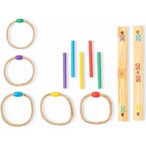 A set of wooden and rope components including multi-coloured rods, rings, and a wooden base with scoring.