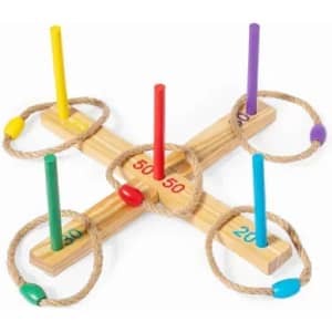 A wooden ring toss game featuring colourful pegs and rope rings in yellow, red, purple, green, and blue.