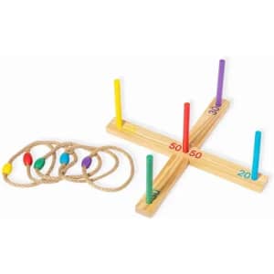 A ring toss game with a wooden base featuring coloured pegs and several rope rings in various colours.