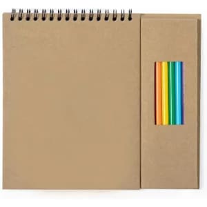 A sketchbook with a spiral binding, featuring a brown cover and a pouch of coloured pencils in various shades.