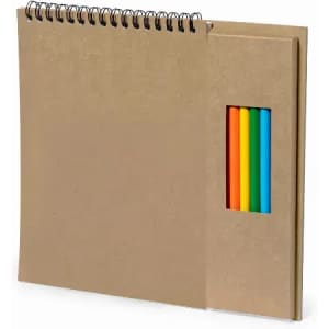 A spiral-bound notebook in a brown cover, featuring a pocket with coloured markers: orange, yellow, green, blue, and red.