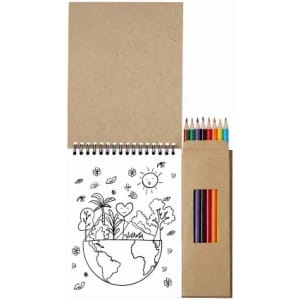 A sketchbook with a nature-themed design and a set of coloured pencils in various colours. Features a simple cover.