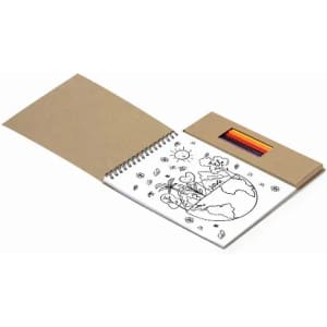 A colouring book with a spiral binding features an illustration of the Earth, accompanied by a set of coloured pencils.