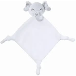 A soft, grey and white elephant comforter with a diamond-shaped body and four knot corners.