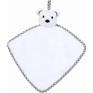 A white baby blanket in a diamond shape with a bear head at the top and a grey rope for hanging.