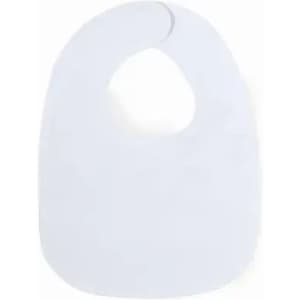 A bib in white with a rounded design and a neck opening, featuring a logo on the front.