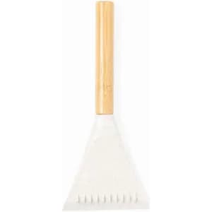 A garden rake with a bamboo handle and a white triangular head for soil cultivation.