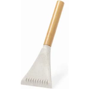 A concrete scraper with a triangular blade and a wooden handle. The blade is light grey, and the handle is natural wood.