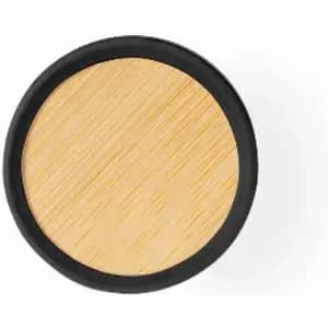 A circular product with a bamboo top and a black base. It has a smooth, natural finish.