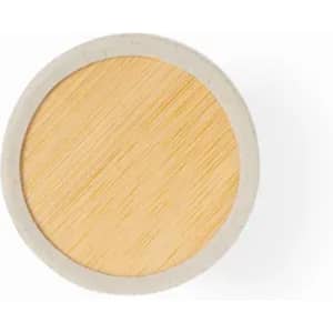 A round, light-coloured wooden top with a smooth finish, encased in a pale grey border.