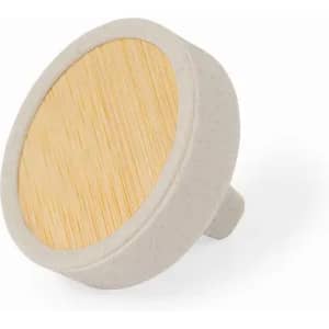 A round product with a light grey base and a bamboo top, featuring a logo on the surface.