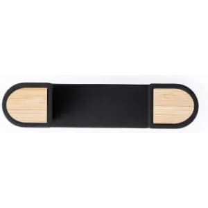 A black and bamboo accent tray with rounded edges, featuring two wooden sections at either end.