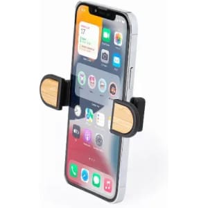 A smartphone holder featuring a black and wooden design, securely gripping a phone with a cutout for screen visibility.