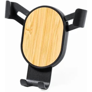 A phone holder with a black frame and a circular bamboo backing, designed for mounting in vehicles.