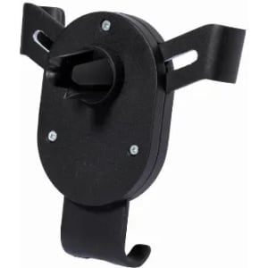 A black drink bottle holder with adjustable prongs and a hook for hanging. It features a simple design with screws visible.