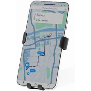 A smartphone mounted in a holder displays a map with a route and estimated travel times. The device is black.