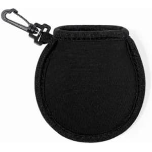 A black pouch with a clip, designed for carrying small items, featuring a soft fabric exterior.