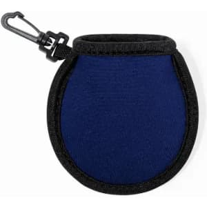 A drink bottle pouch in navy blue with a black trim and a clip attachment for easy carrying.