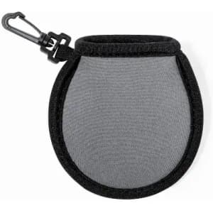 A grey drink bottle holder with a black trim and a clip for attachment. Features a rounded shape.
