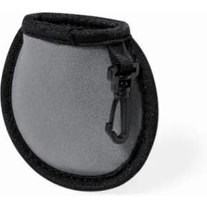 A grey pouch made of neoprene, featuring a black trim and a clip for attachment. It has a simple, streamlined design.