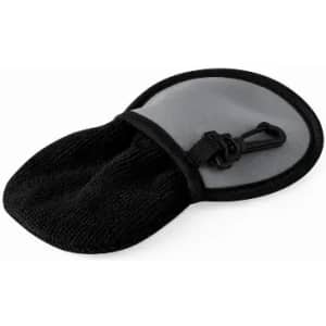A black and grey pouch with a clip, featuring a soft interior for storage. It has a rounded, open design.