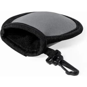 A grey storage pouch with a black trim and a clip for attaching to bags or belts.